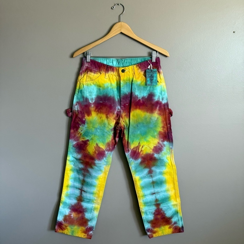 Upcycled Men's Rainbow Tie Dye Dickies Cargo Painter Jeans 30x30 Festival Rave - Picture 2 of 11